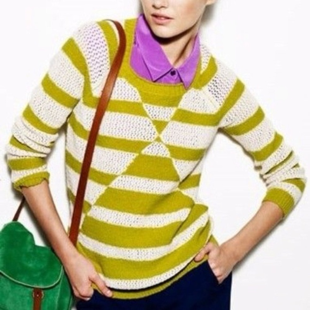 Madewell Wallace 100% Cotton Knit Sweater Small Striped Diamond Chartreuse 2012